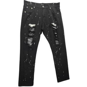 Trestyle Mens Designer Black Paint Splatter White Distressed Skinny Slim Jeans
